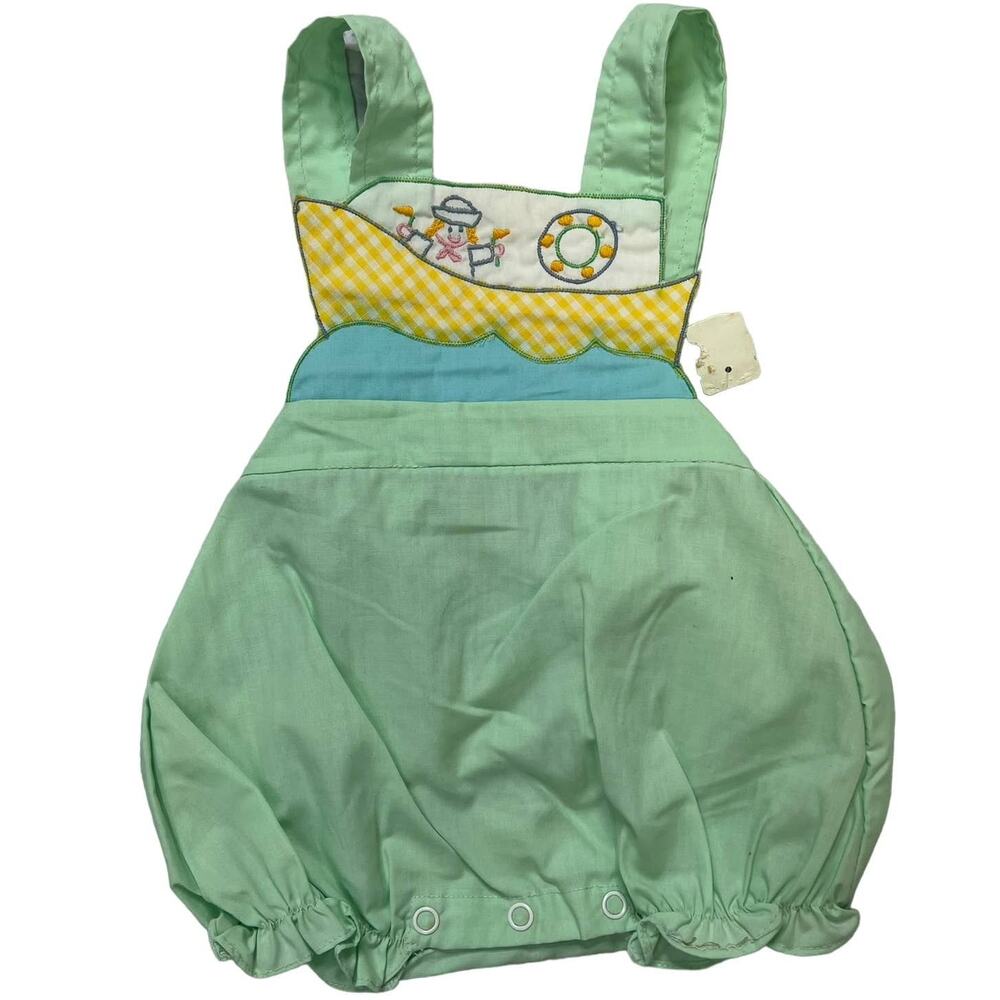 Vintage New Mayfair Baby Romper Overall Green Boat Gingham Newborn Neutral